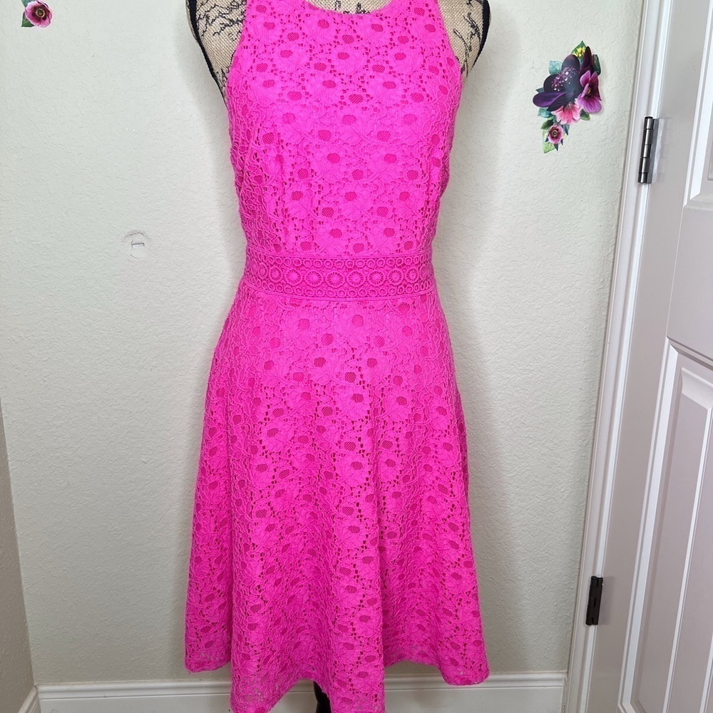 Laundry by Shelli Segal Crochet Lace Bright Pink Sleeveless Dress Size 6 - Picture 1 of 8